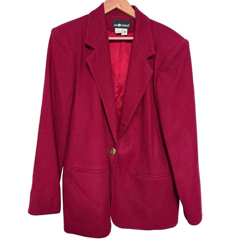 Vintage 100% Wool Sag Harbor Power Blazer 14 Wine Red Woven Corporate Chic 90s